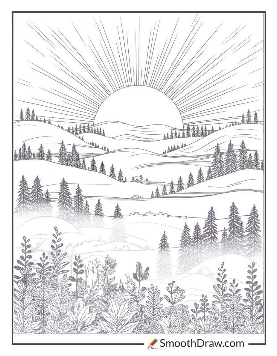 Sun with Fog Rolling Over Hills