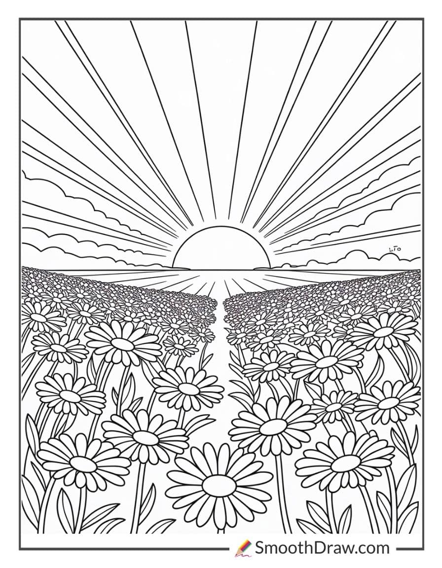 Sunset over a field of daisies