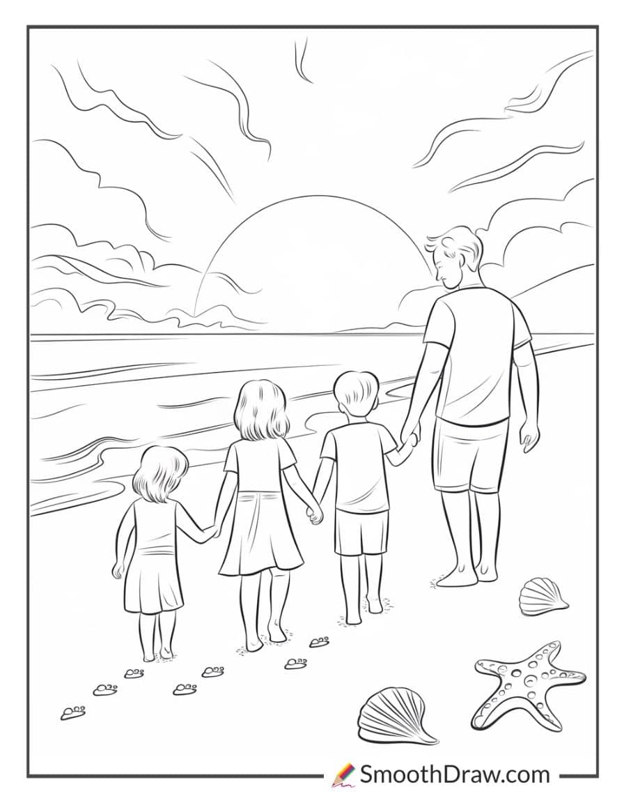 Sunset walk with kids coloring page