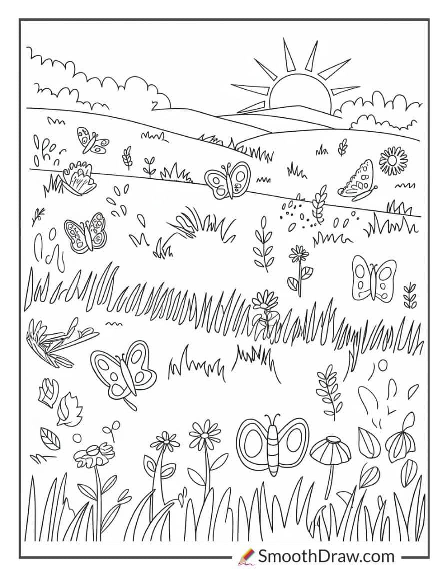 Sunset with butterflies and flowers