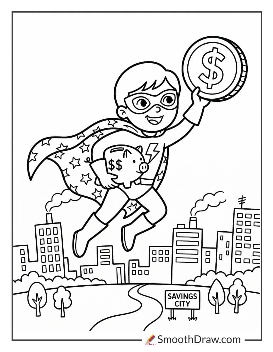 Superhero saving money coloring sheet