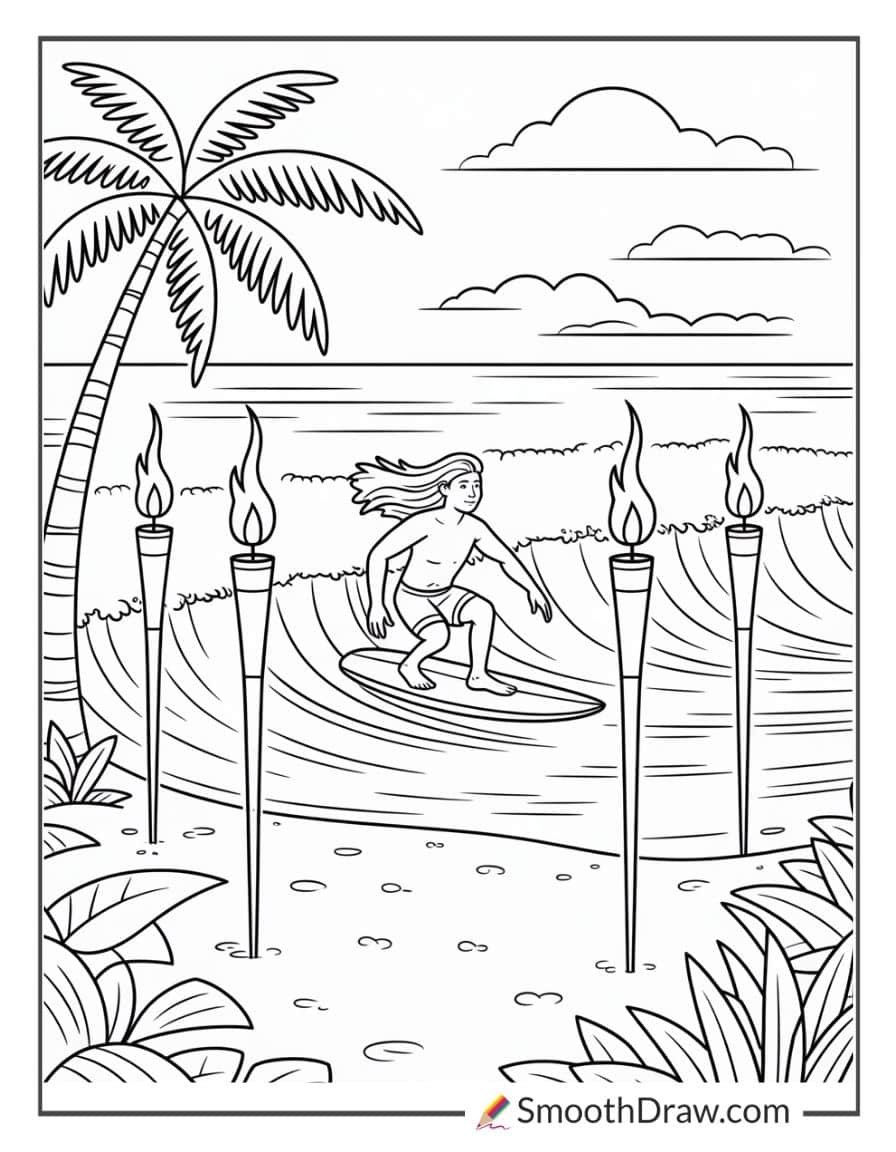 Surfer with tiki torches
