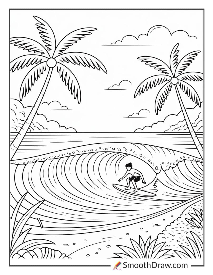 Surfing at the beach coloring page