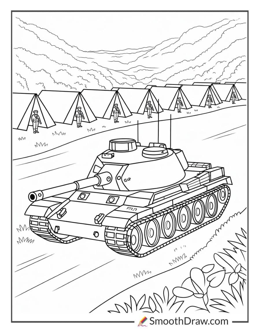 Tank driving past army tents
