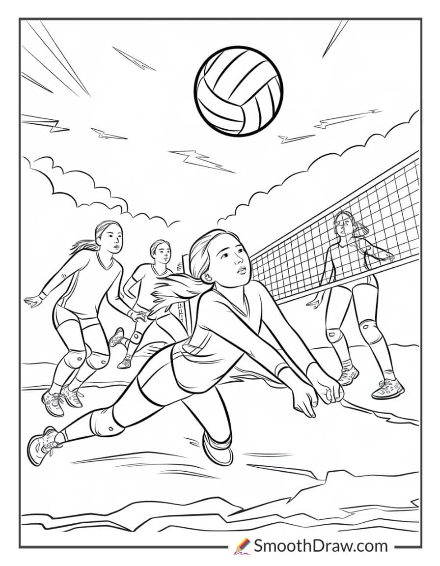 Teenage girls volleyball match coloring page