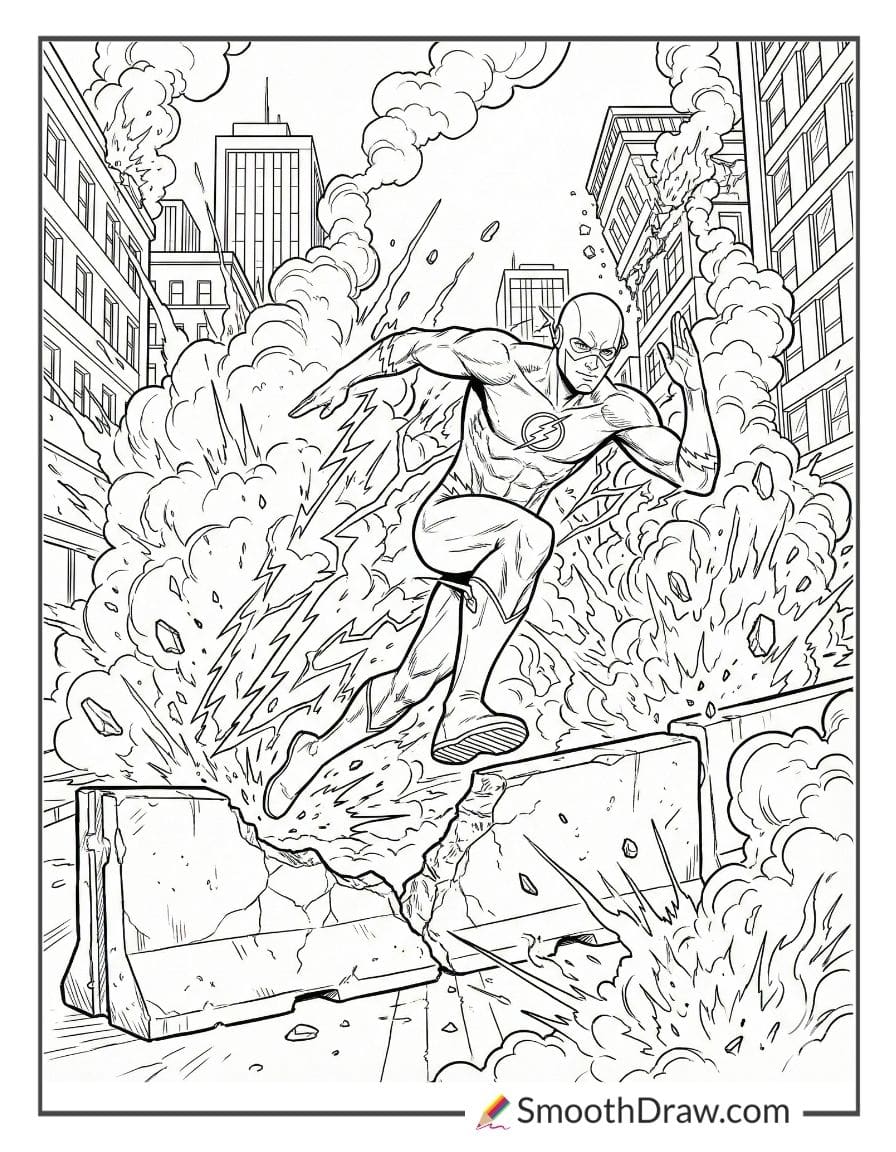 The Flash dodging explosions in the city