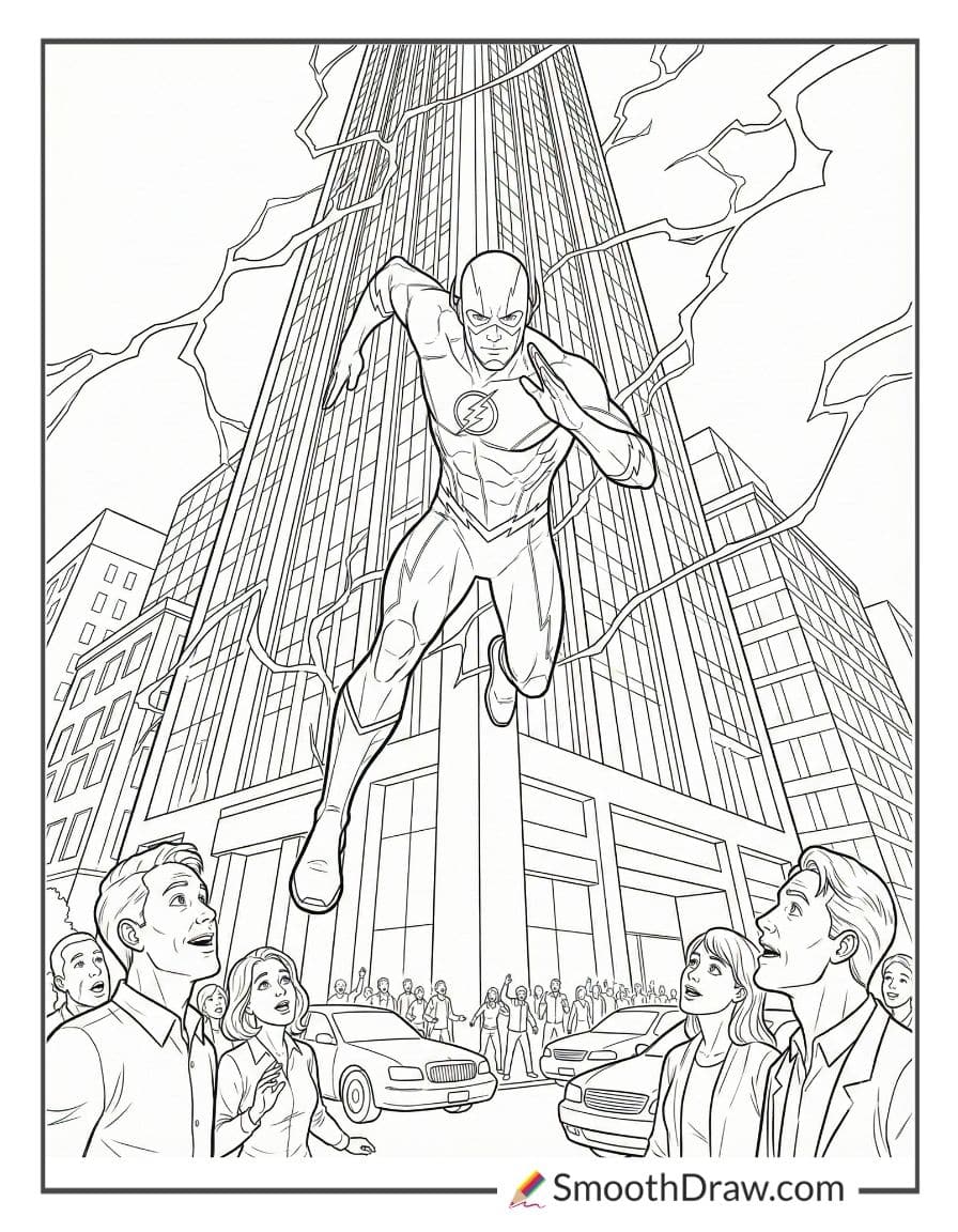 The Flash running up a skyscraper
