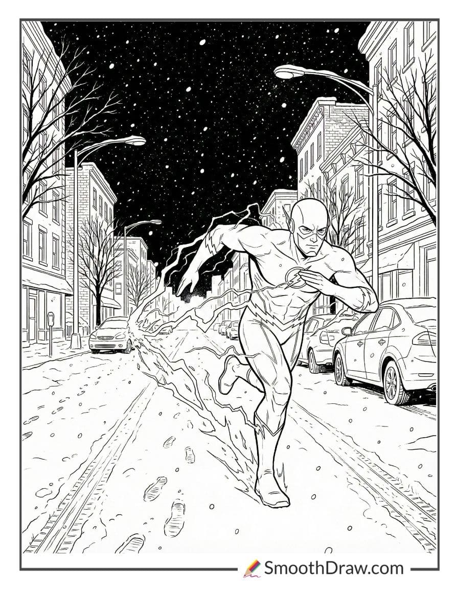 The Flash speeding through snowy streets