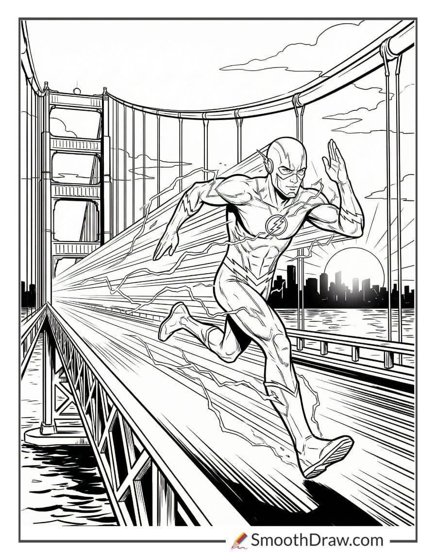 The Flash sprinting across a bridge