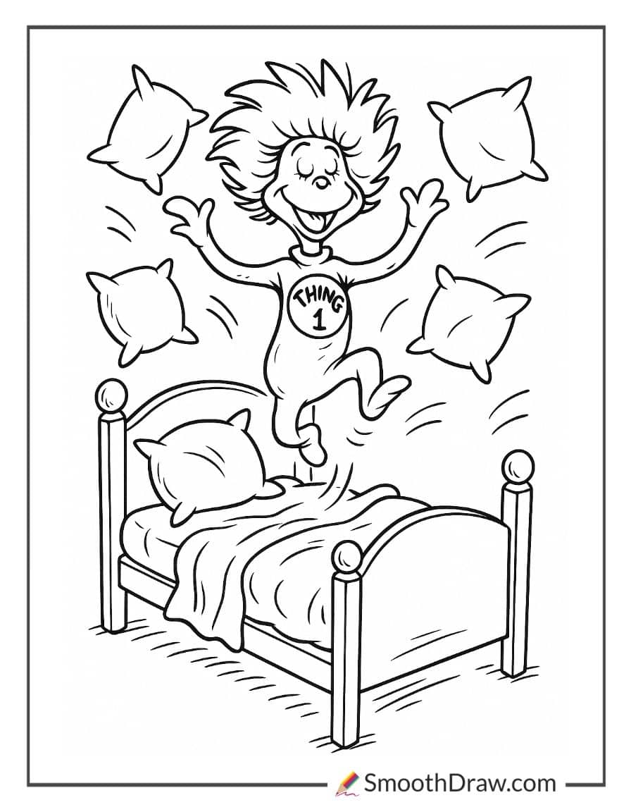 Thing 1 jumping on the bed