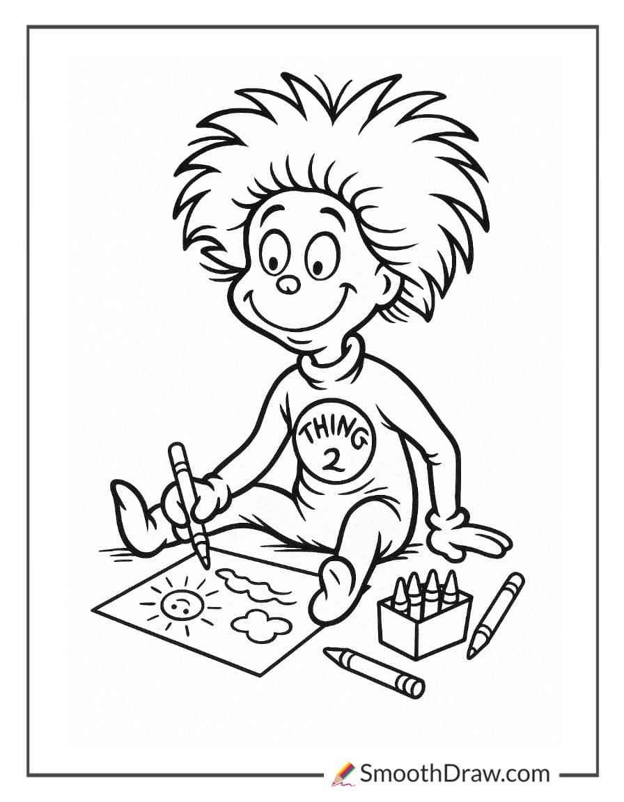 Thing 2 drawing with crayons
