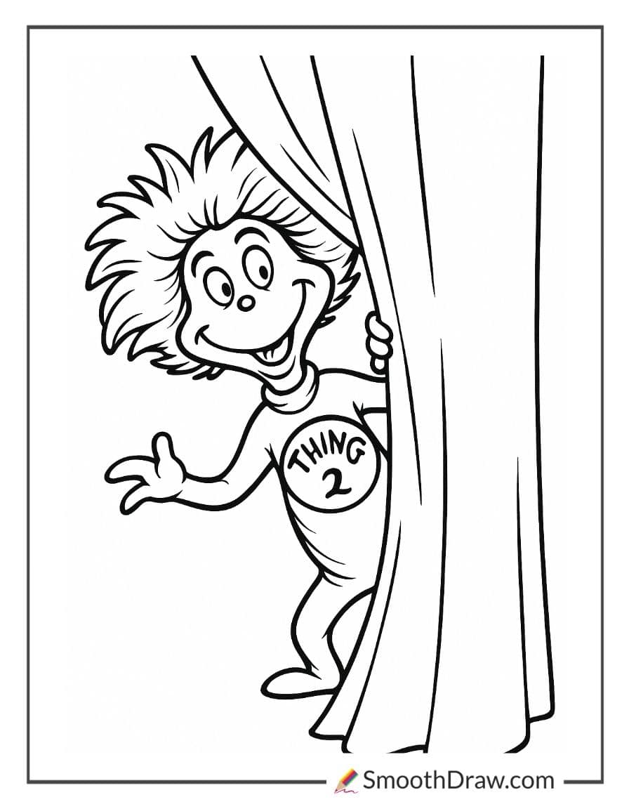 Thing 2 hiding behind curtain