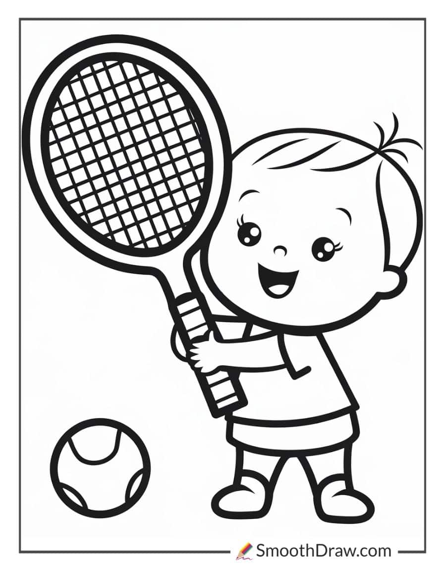 Toddler holding a tennis racket for the first time coloring page