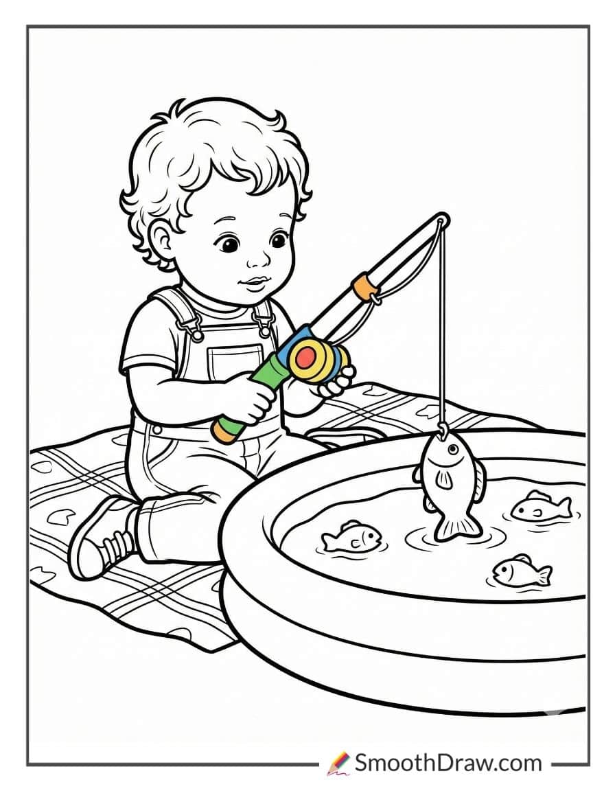 Toddler With Toy Fishing Pole Coloring Page