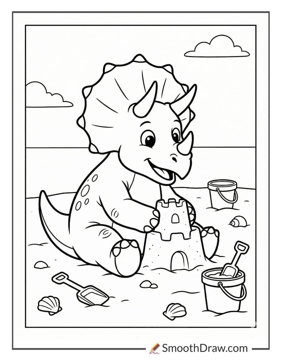 Triceratops building sandcastle on beach