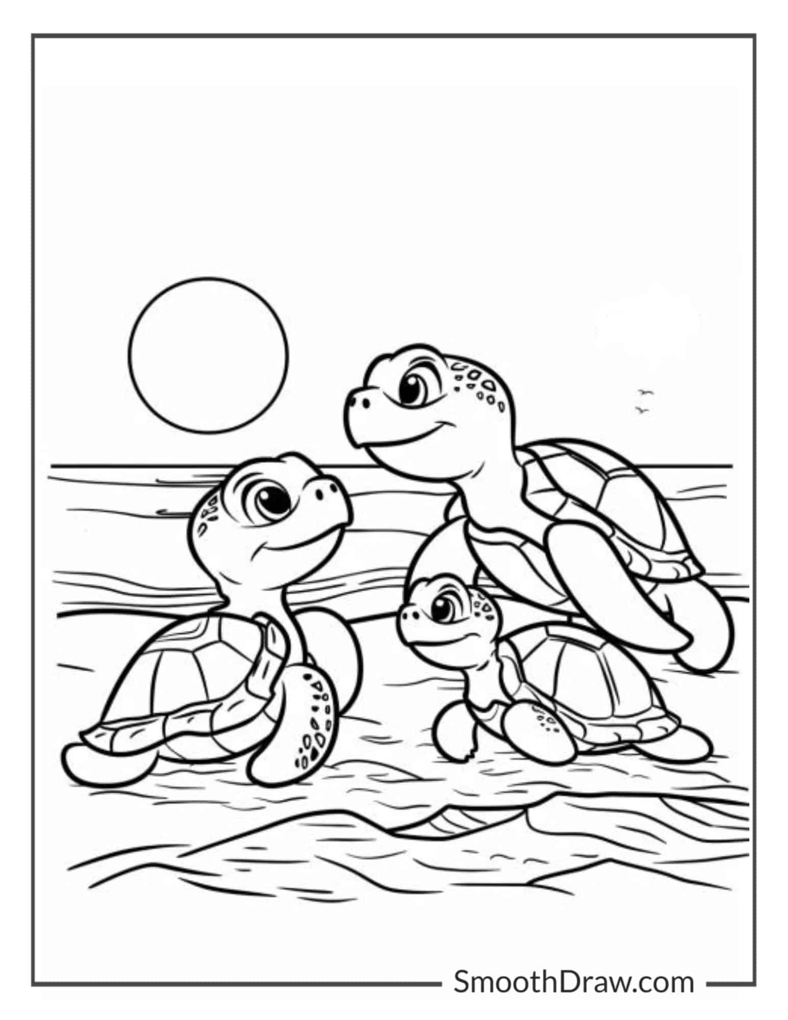 Turtle Family Watching Sunset Coloring Page