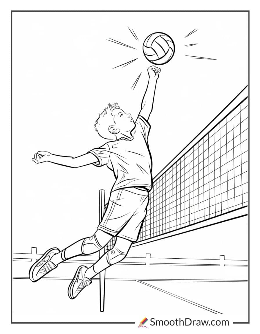 Tween boy jumping to spike volleyball coloring page