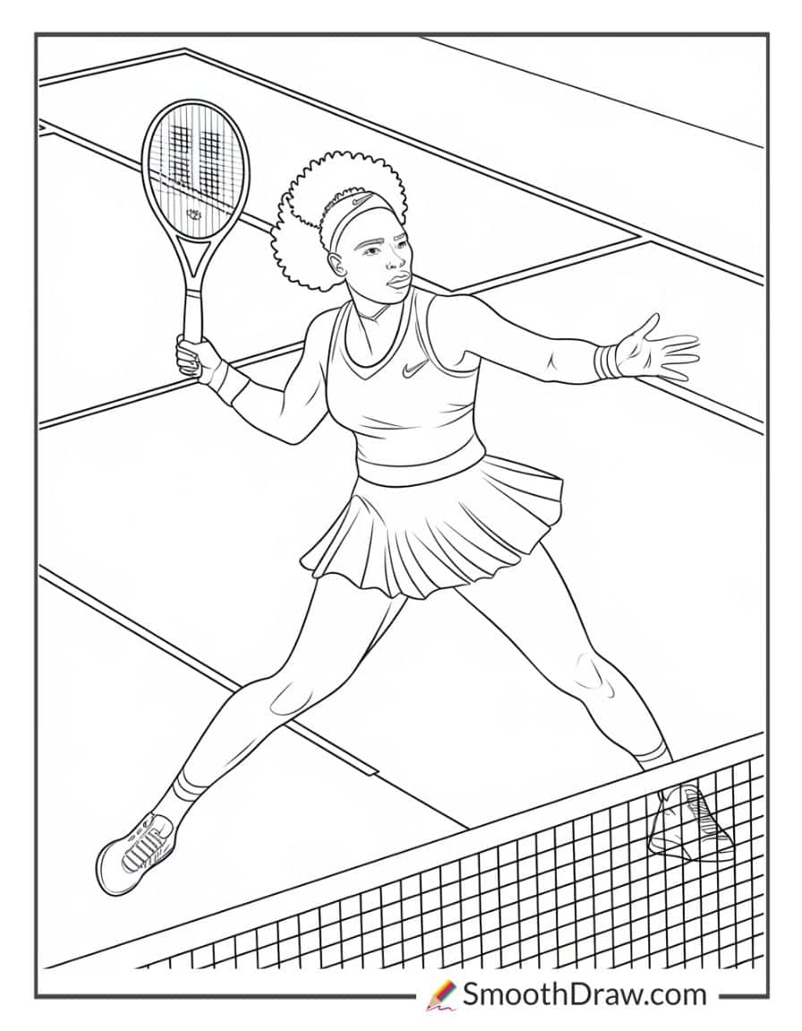 Venus Williams powerful volley coloring page