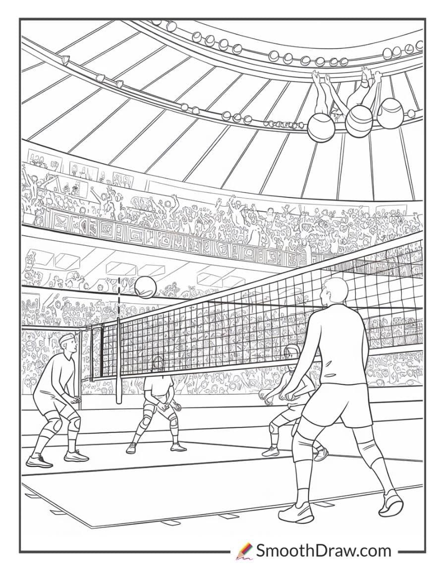Volleyball game in a packed stadium coloring page