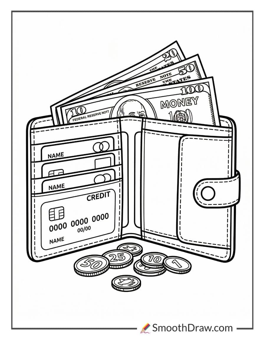 Wallet full of money coloring page