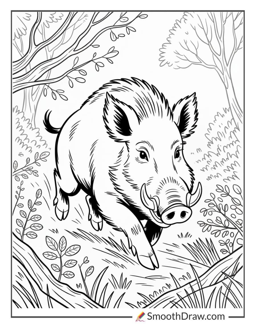 Wild Boar Running Through Thicket