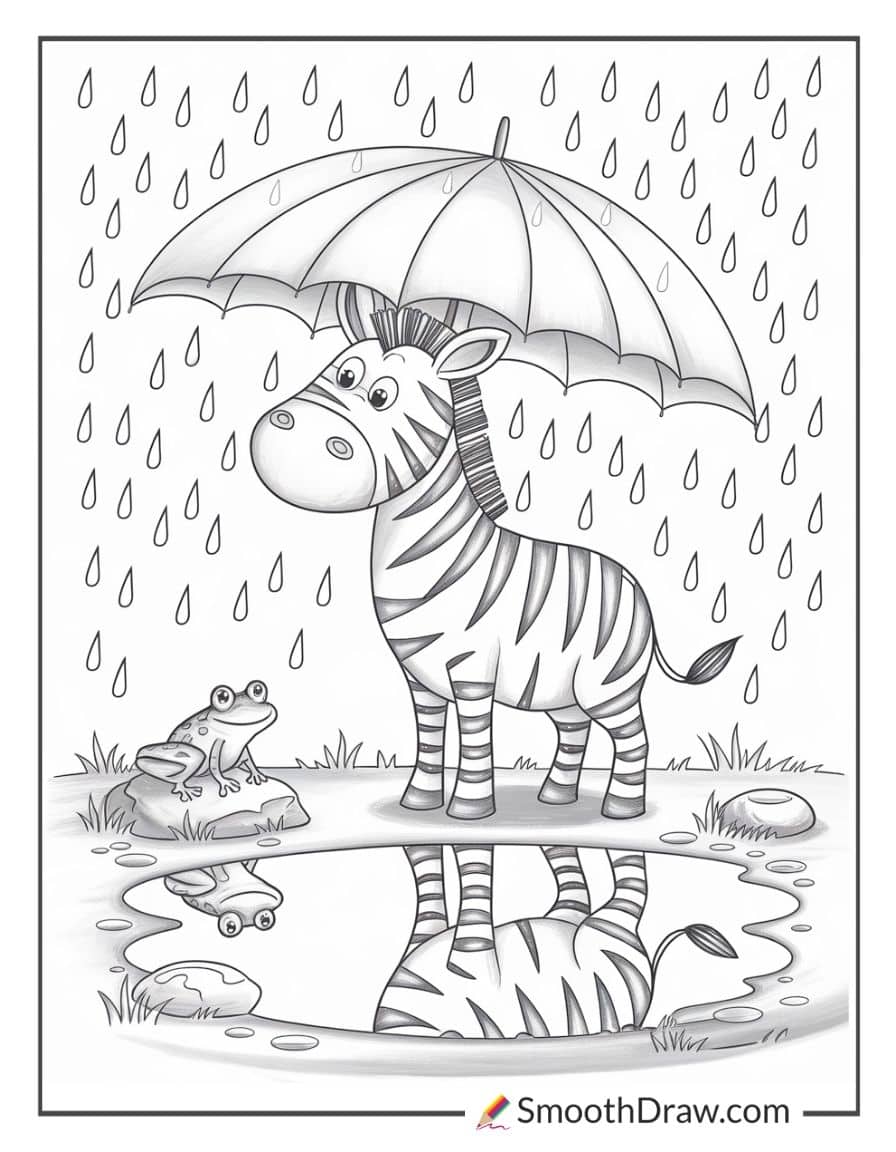 Zebra in the rain coloring page
