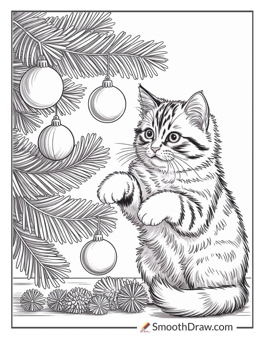 Christmas Cat Coloring Page 1