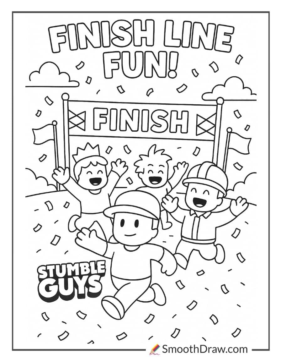 colorful stumble guys running to finish line coloring page