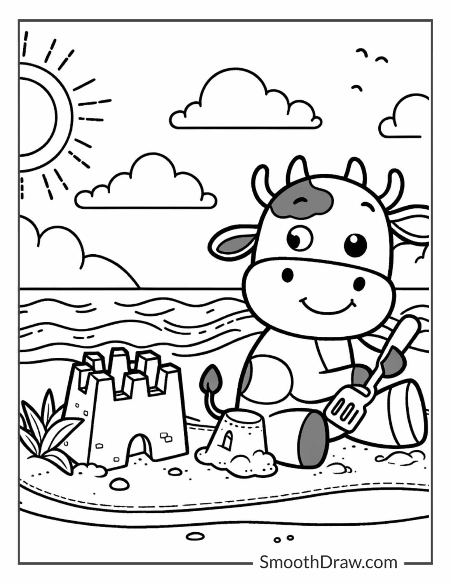 cow on a beach building a sandcastle