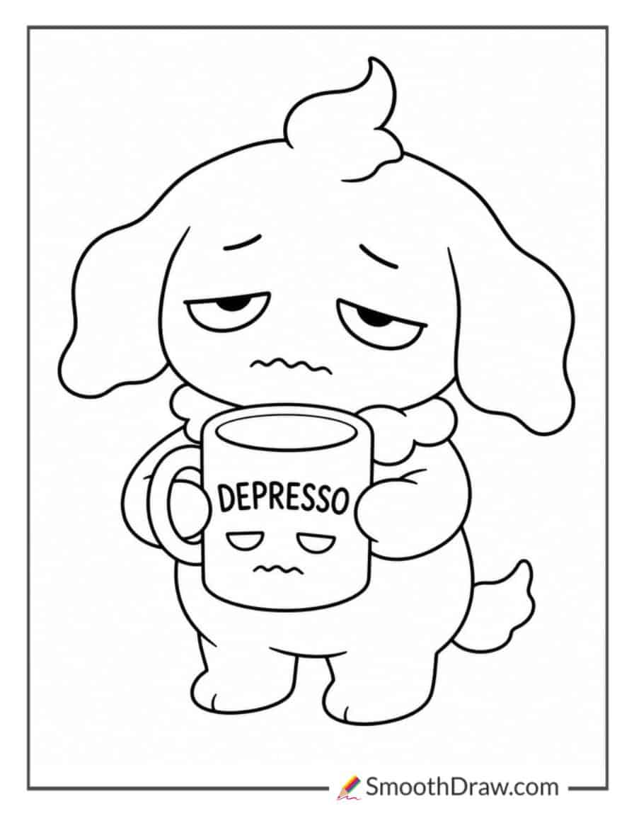depresso from palworld with a coffee mug