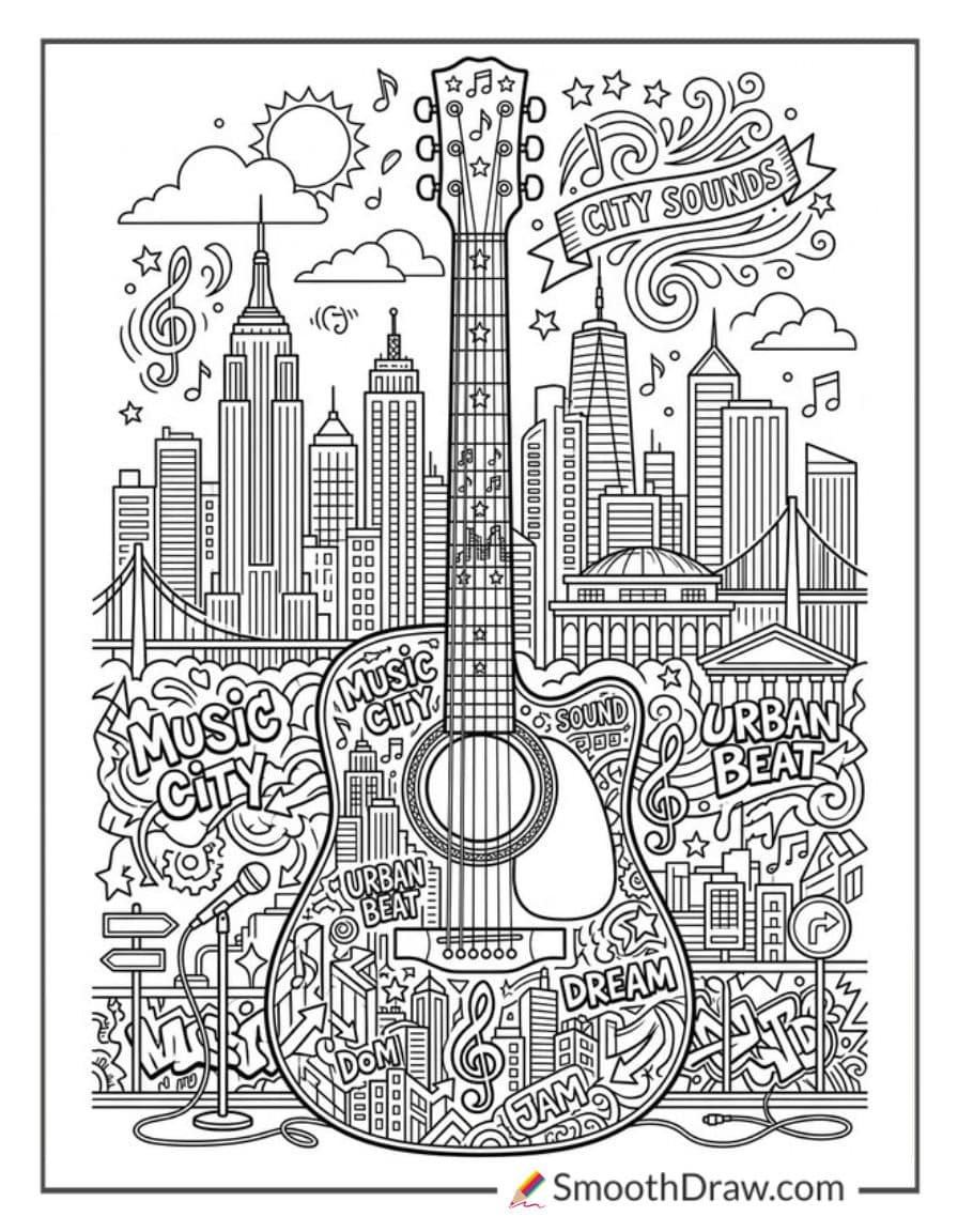 Guitar With City Skyline
