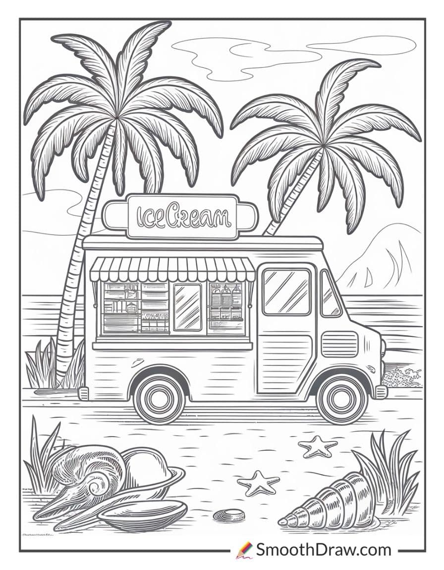 ice cream truck at beach coloring page
