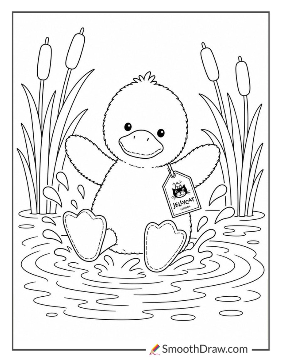 jellycat duck splashing in a pond