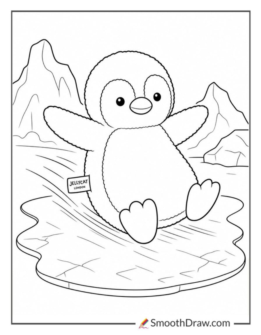 jellycat penguin sliding on ice