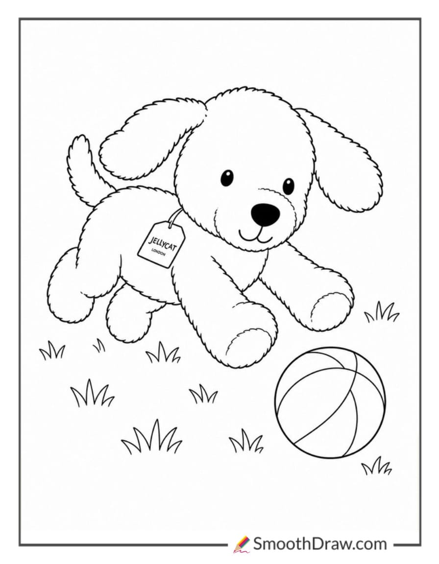 jellycat puppy playing with a ball