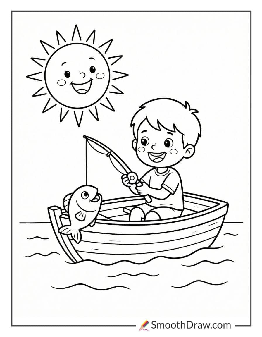 Kids Fishing Coloring Page