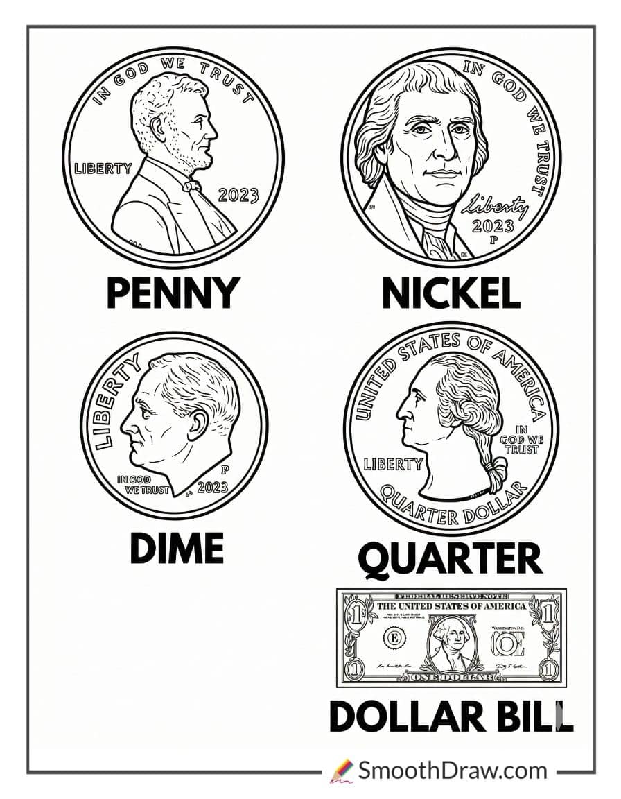 money coloring pages for kindergarten