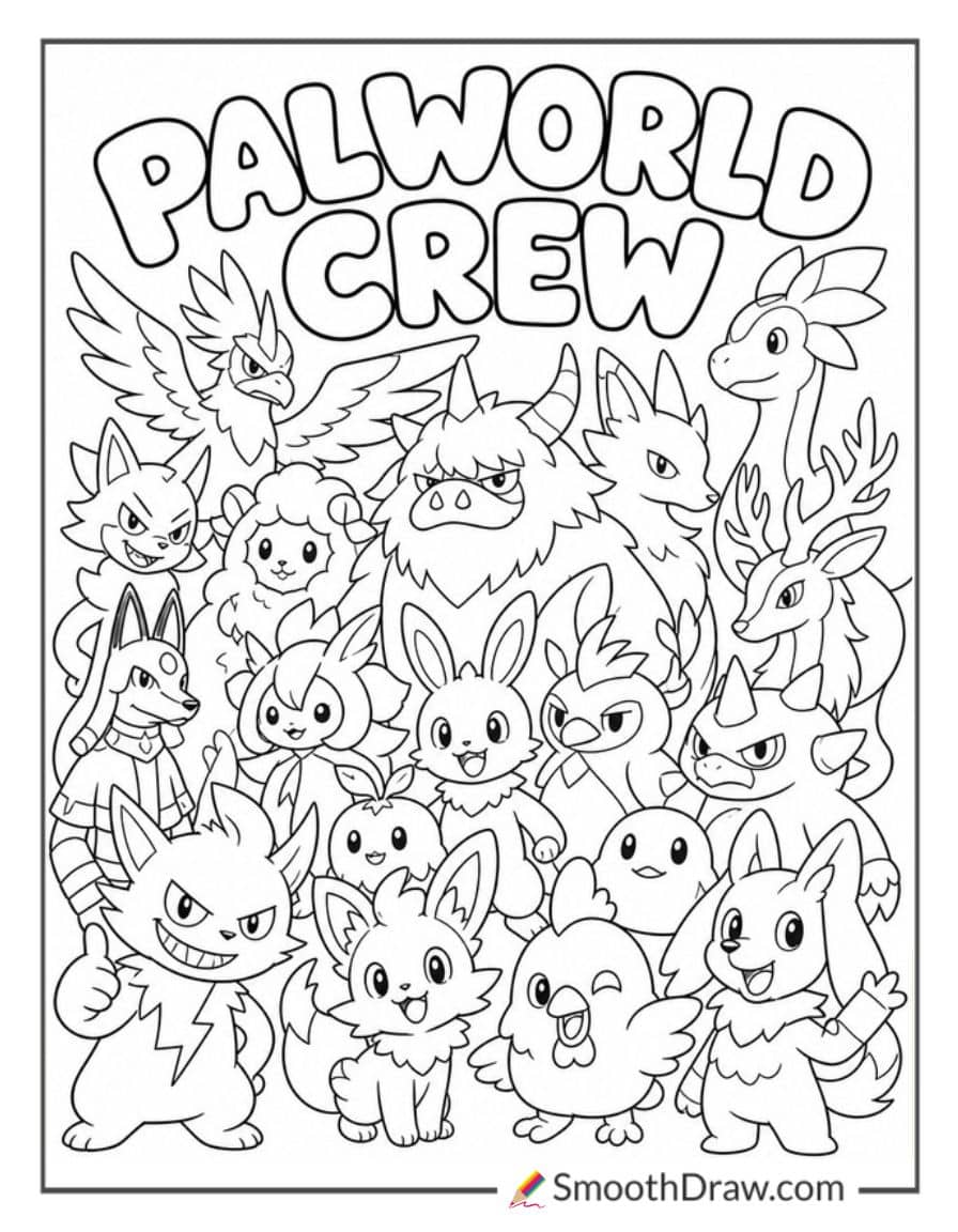 palworld pals group coloring page