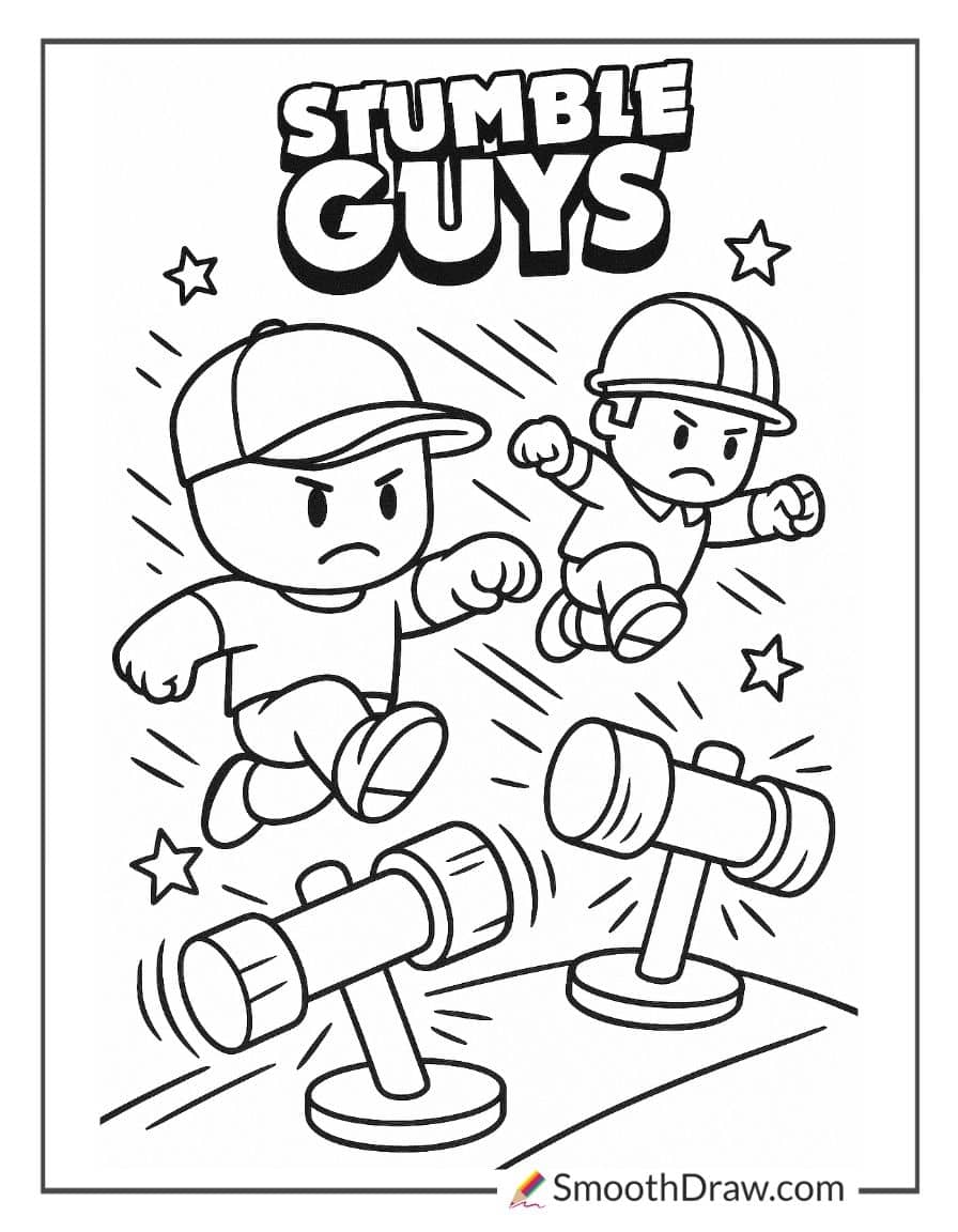 stumble guys jumping over spinning hammers