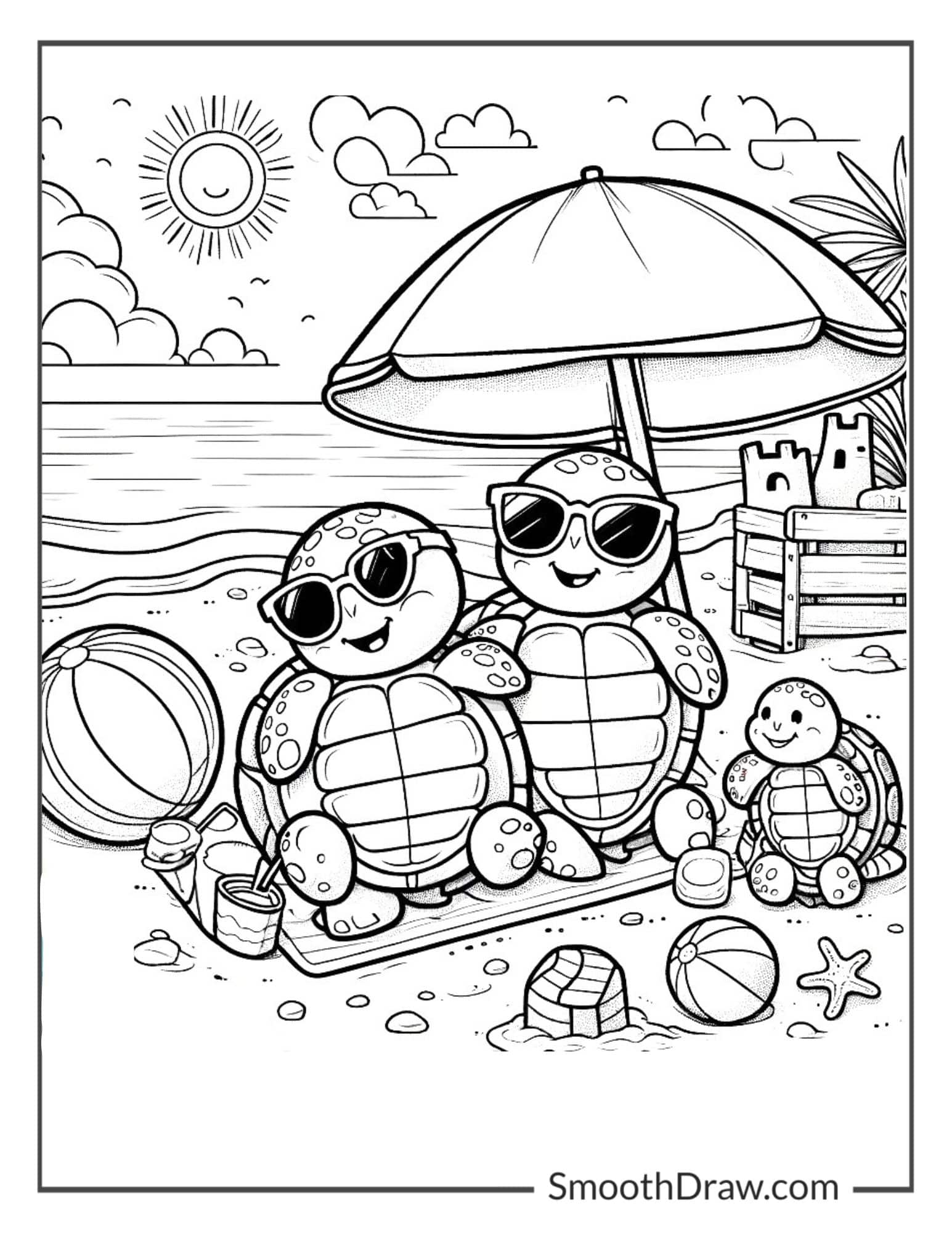 turtle family enjoying a sunny beach day