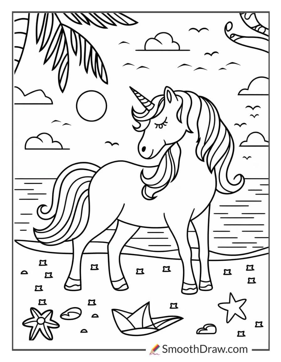 unicorn at a beach coloring sheet