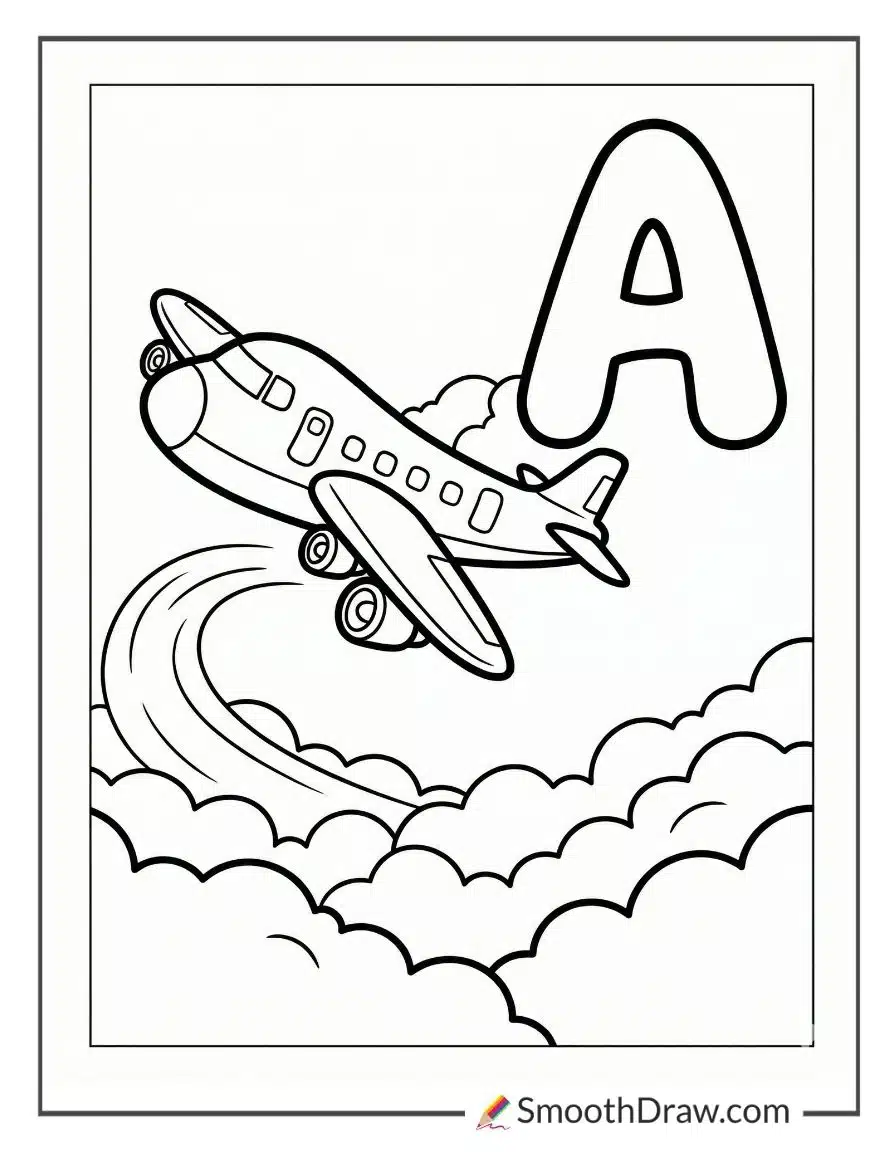 Airplane Flying Above Clouds For Coloring