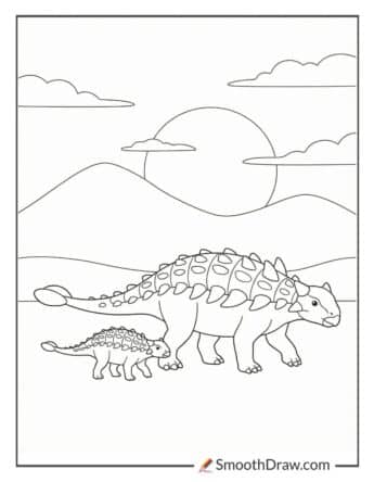 Ankylosaurus Family Walking At Sunset Coloring Page