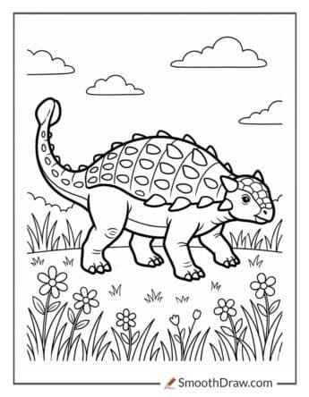 Ankylosaurus In Grassy Meadow With Flowers