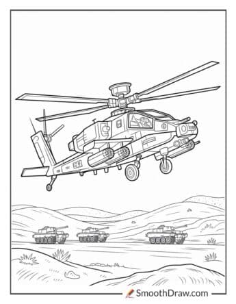 Apache helicopter hovering in battle zone