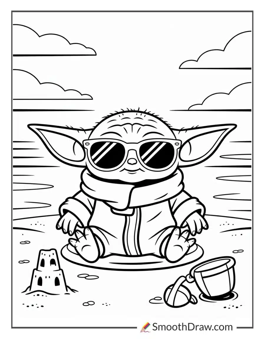 Baby Yoda Summer Beach Day Coloring Page