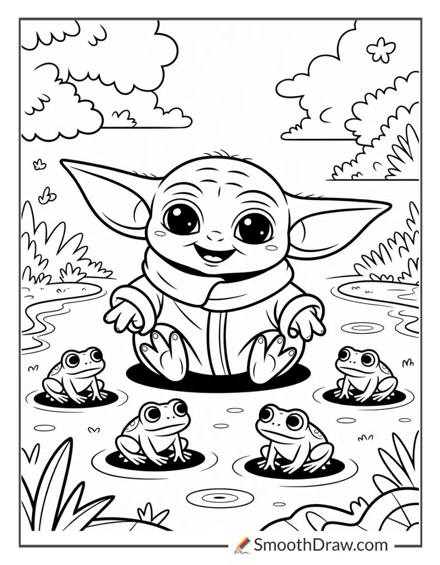 Baby Yoda Playing With Space Frogs