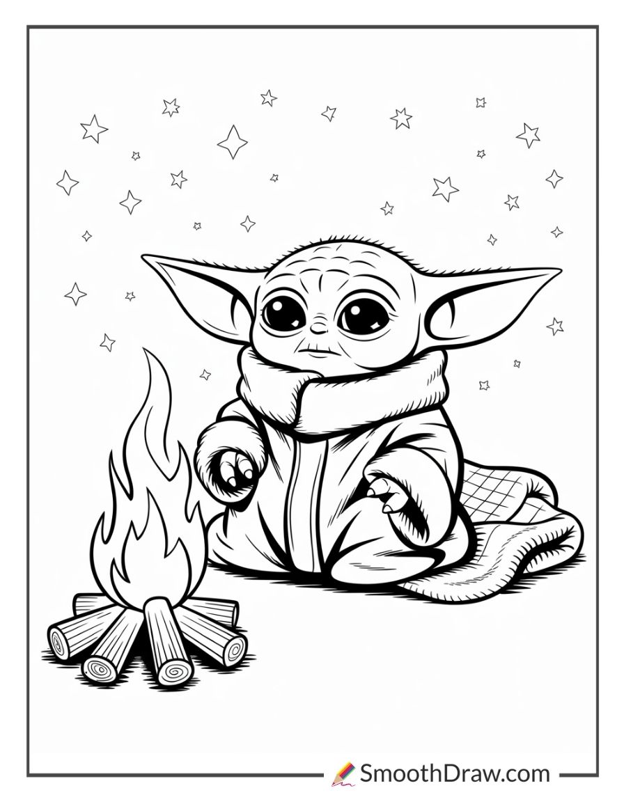 Baby Yoda Sitting By Campfire For Coloring
