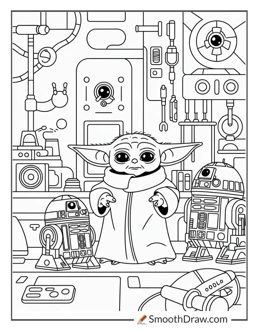 Baby Yoda Visiting Droid Workshop