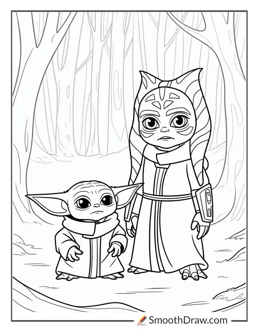 Baby Yoda With Ahsoka Tano Coloring Page
